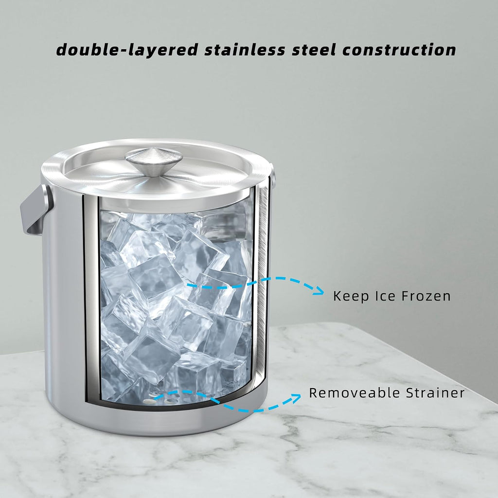 Small Ice Bucket with Lid and Tongs,1.3L Portable Mini Double Walled Ice Cube Bucket for Cocktail Bar Stainless Steel