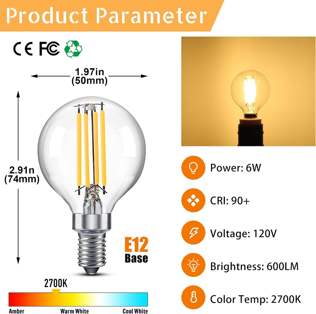 Dimmable Globe G16.5 E12 LED Bulb 60W,Type G Bulb 6W,2700K 600LM