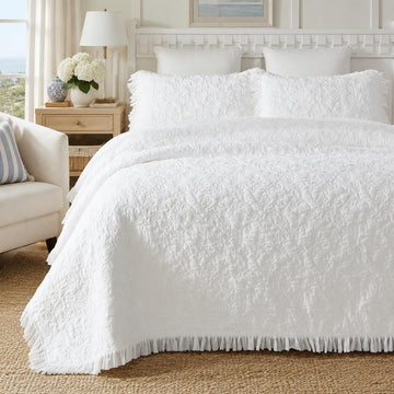White Quilts Cotton Matelasse Coverlet Set Cottagecore Bedding Ruffle Bedspread Set 3-Piece