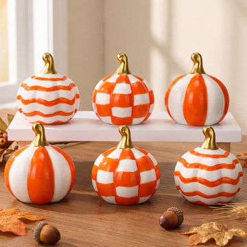 6 Pcs Orange Checkered Stripe Ceramic Pumpkins Fall Centerpiece