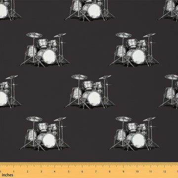 Rock Music Fabric By The Yard, Drum Kit Upholstery Fabric for Chairs, Musical Theme Instrument Hip Hop Decorative