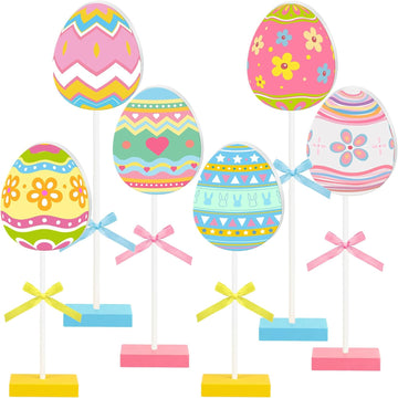 Easter Table Decorations Eggs Wooden Sign Set Spring Tall Standing Sign Colorful Table Centerpiece Bunny Floral - Set of 6