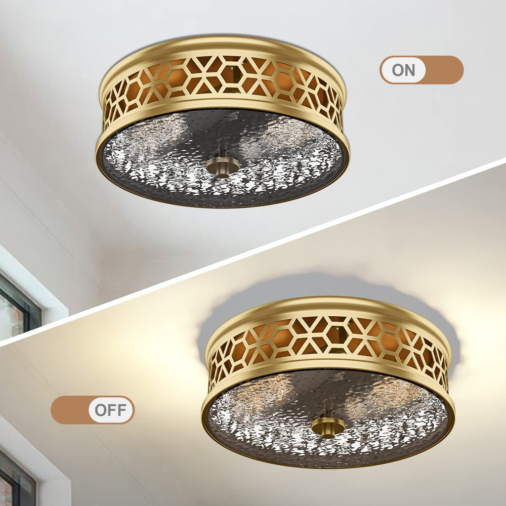 Flush Mount Ceiling Light, 12 Inch 2 Light Vintage Ceiling Light with Rippled Glass, Gold Ceiling Fixture Corridor