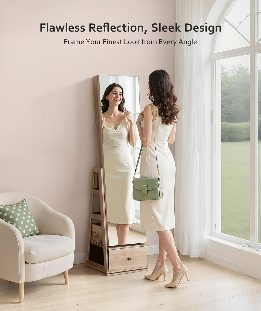 360° Swivel Jewelry Cabinet, Full Length Mirror, Lockable, Oak