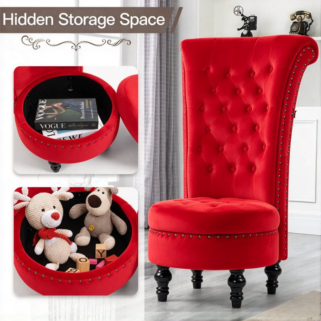 High Back Throne Chair with Storage, Red Velvet Royal Accent Chair