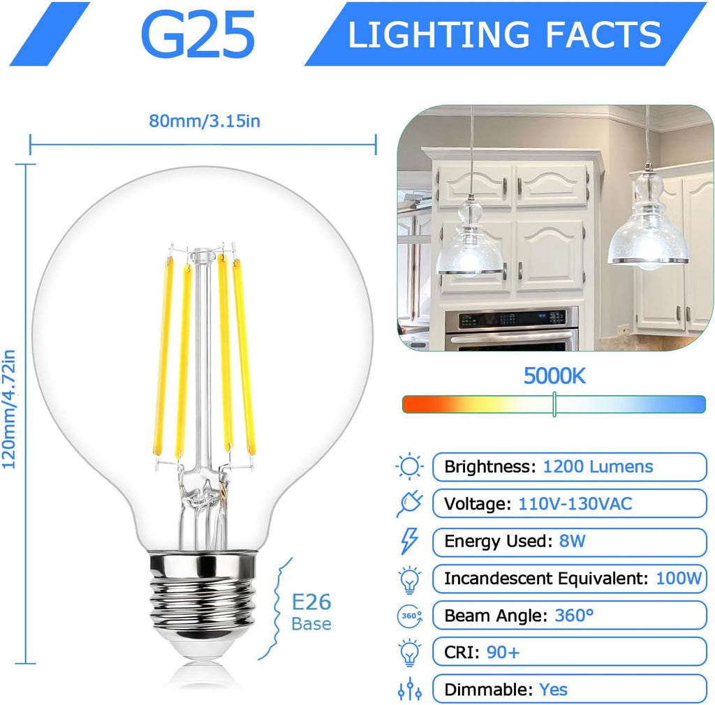 Dimmable Vanity LED Globe Light Bulbs, 100 Watt 5000K