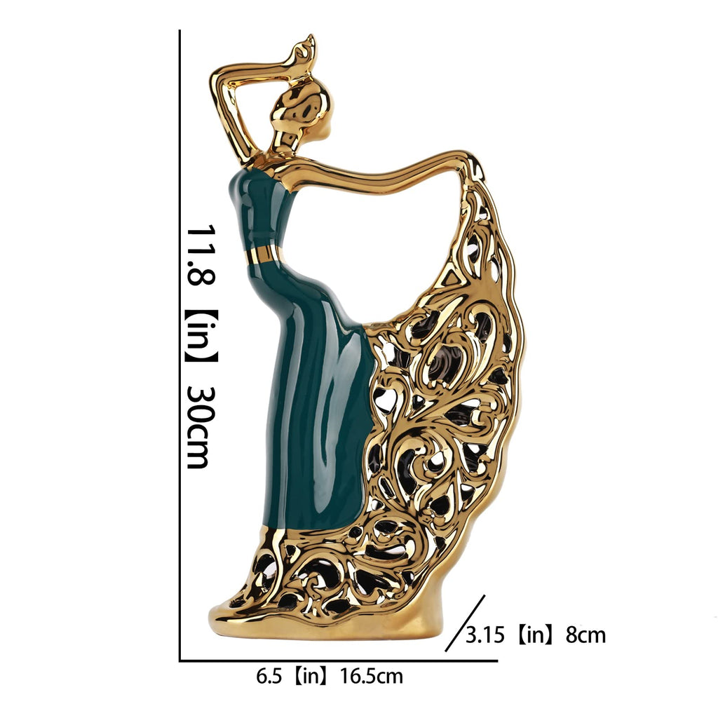 Ceramic Peacock Dancer Statue, Green and Gold Home Decor, Ballerina Sculpture, Peacock Home Decor for Room Corner