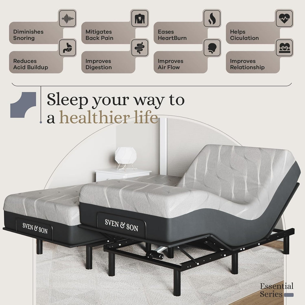 Essential Adjustable Bed Base (Frame) + 14 inch Hybrid Spring Matt (Medium Soft), Easy Assembly, Head and Foot Lift