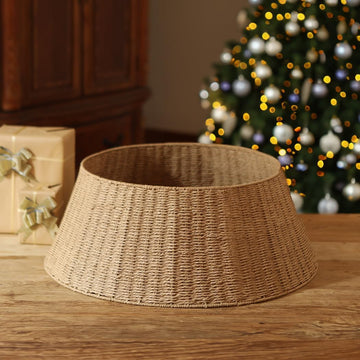 Rustic Farmhouse Christmas Tree Collar - Holiday Decorations - Natural Woven Wicker Tree Base Cover, Basket Ring for