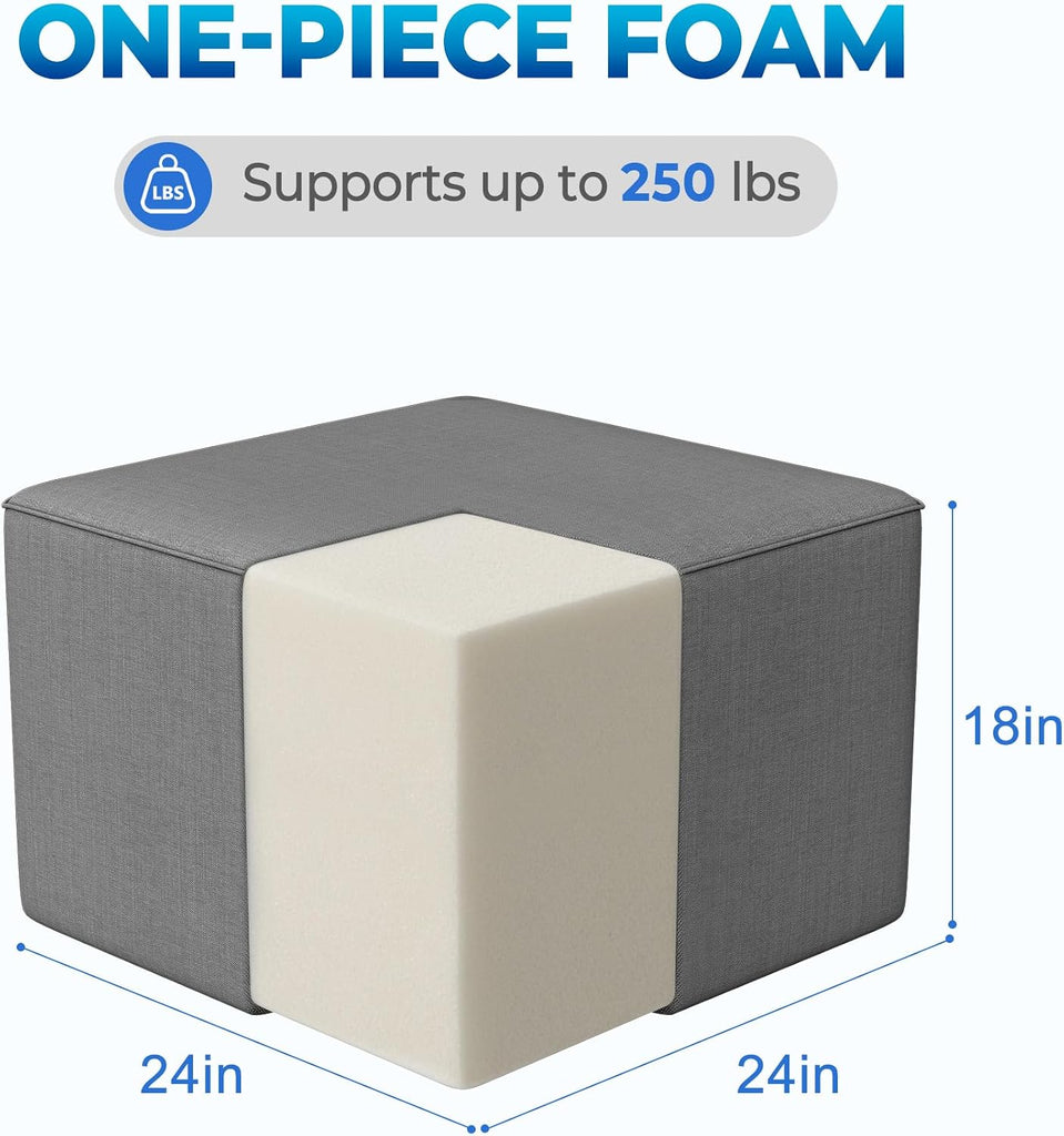 Square Outdoor Ottoman Pouf, 24" Waterproof Patio Foot Rest, Dark Gray | Ottoman Foot Rest, Comfy Footstool, Boneless