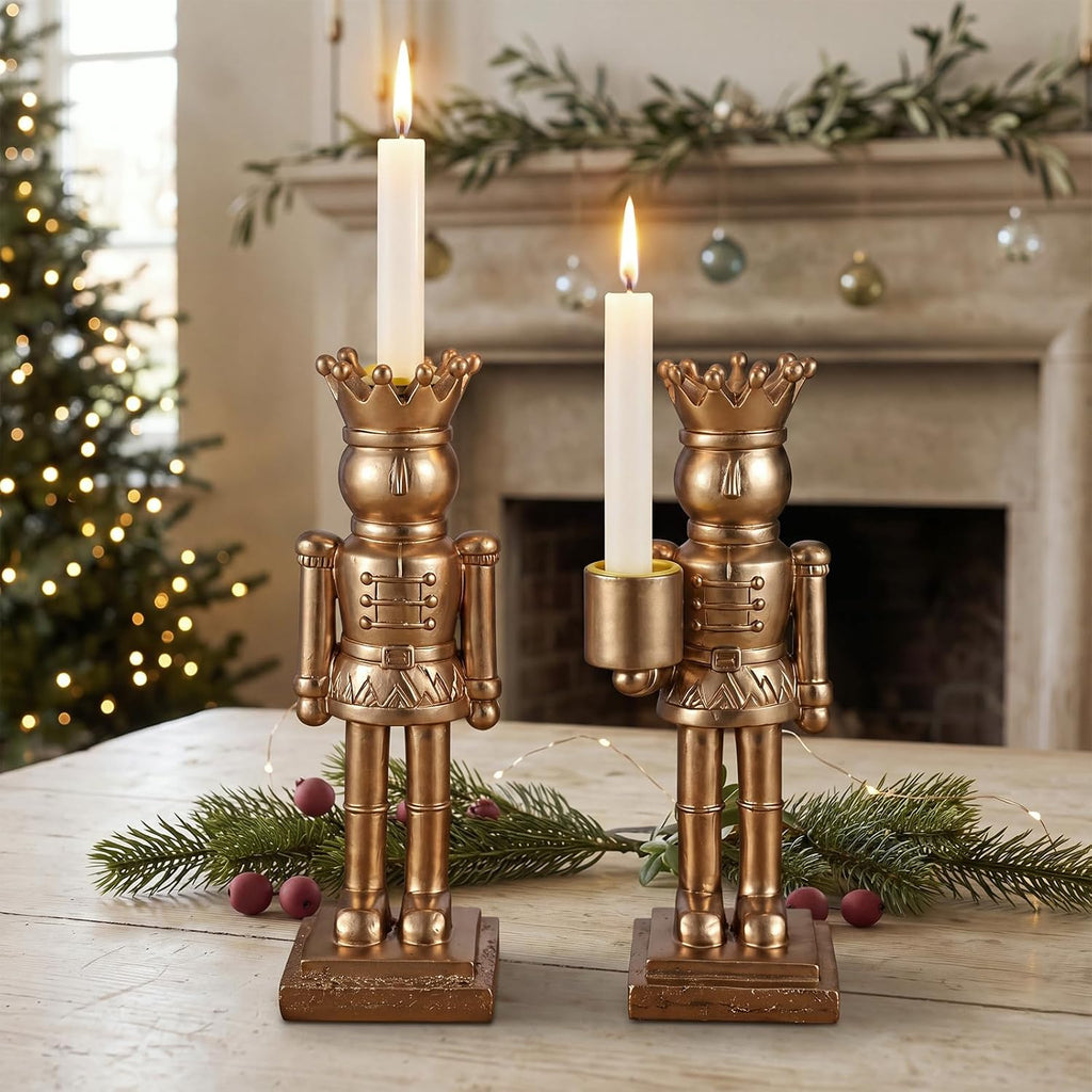 2 Pcs Gold Taper Candle Holders, Christmas Nutcracker King