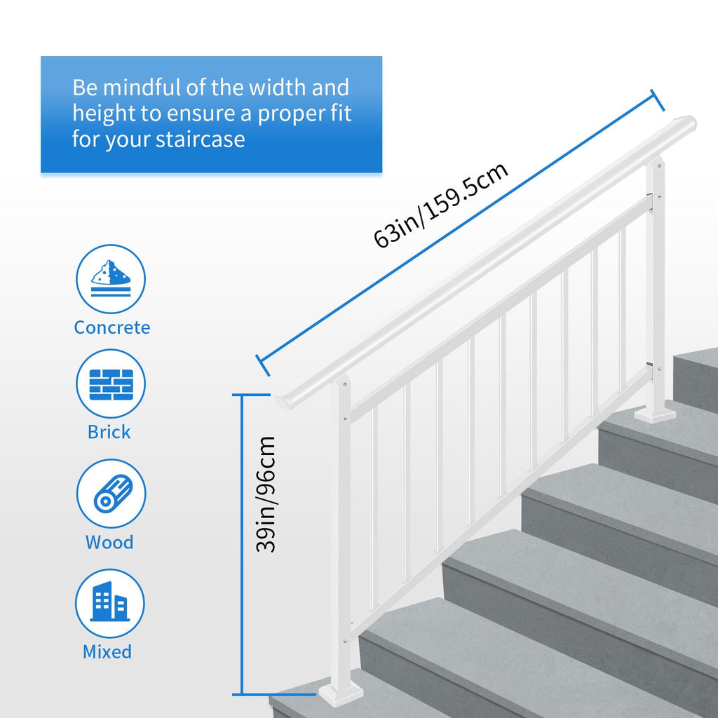 Upgrade White Adjustable 5 Steps Handrail, 65"x38" Stair Railing Kit