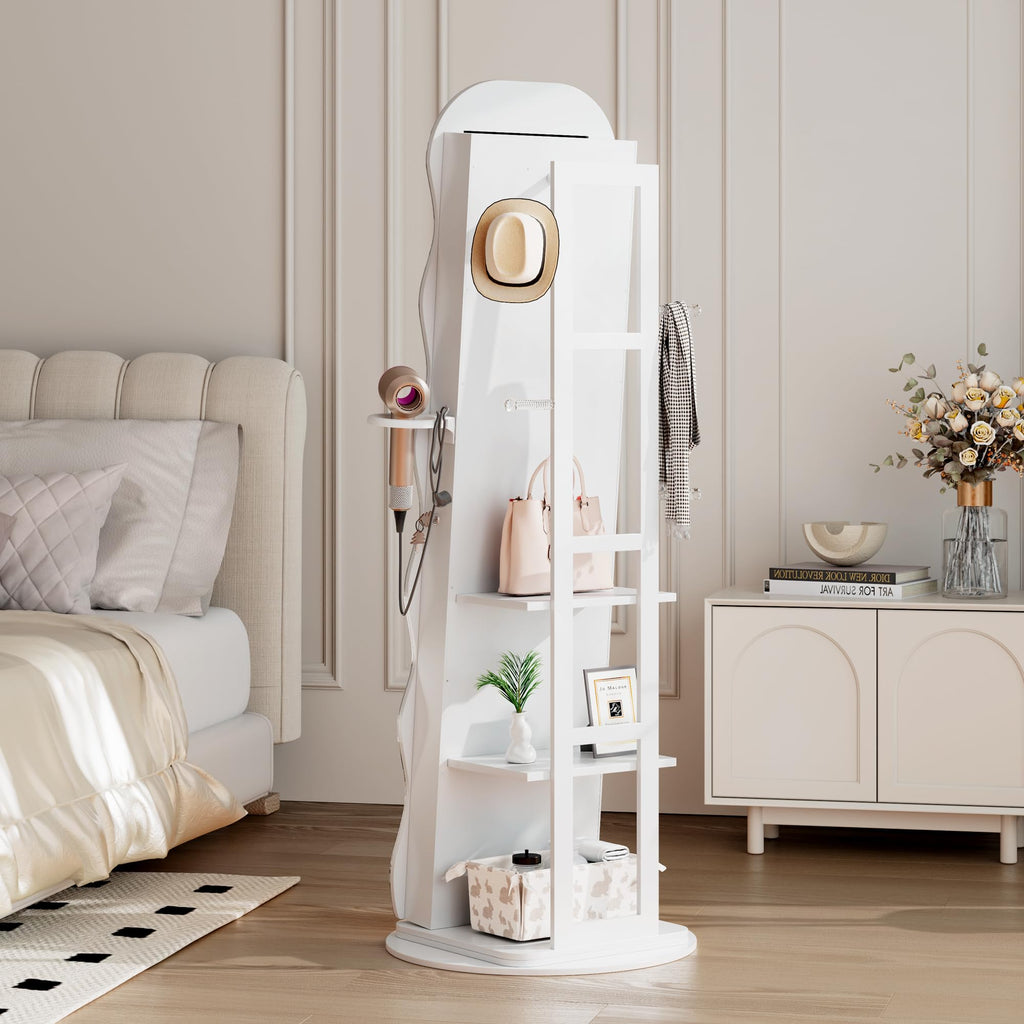 LED Mirror Jewelry Cabinet Standing, 360° Swivel, White