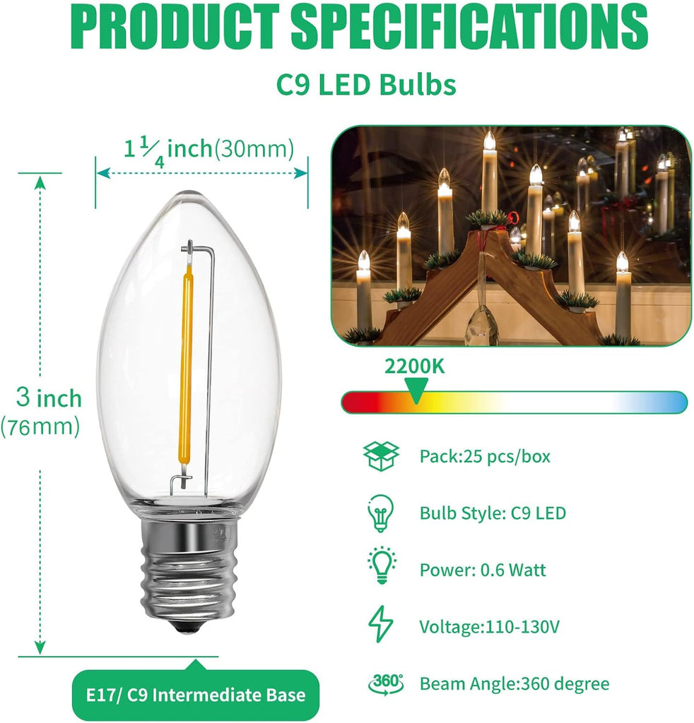 100 Pack C9 Outdoor LED Christmas Light Bulb, E17 Base, Warm White