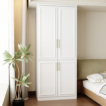 Wardrobe Closet with 4 Doors, Modern White Bedroom Armoire