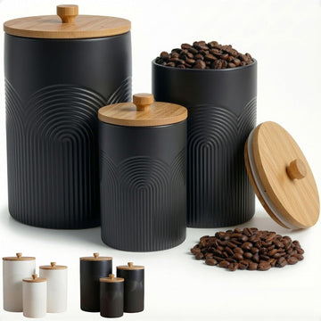 Ceramic Kitchen Canisters for Countertop w/ Airtight Bamboo Lids - Set of 3