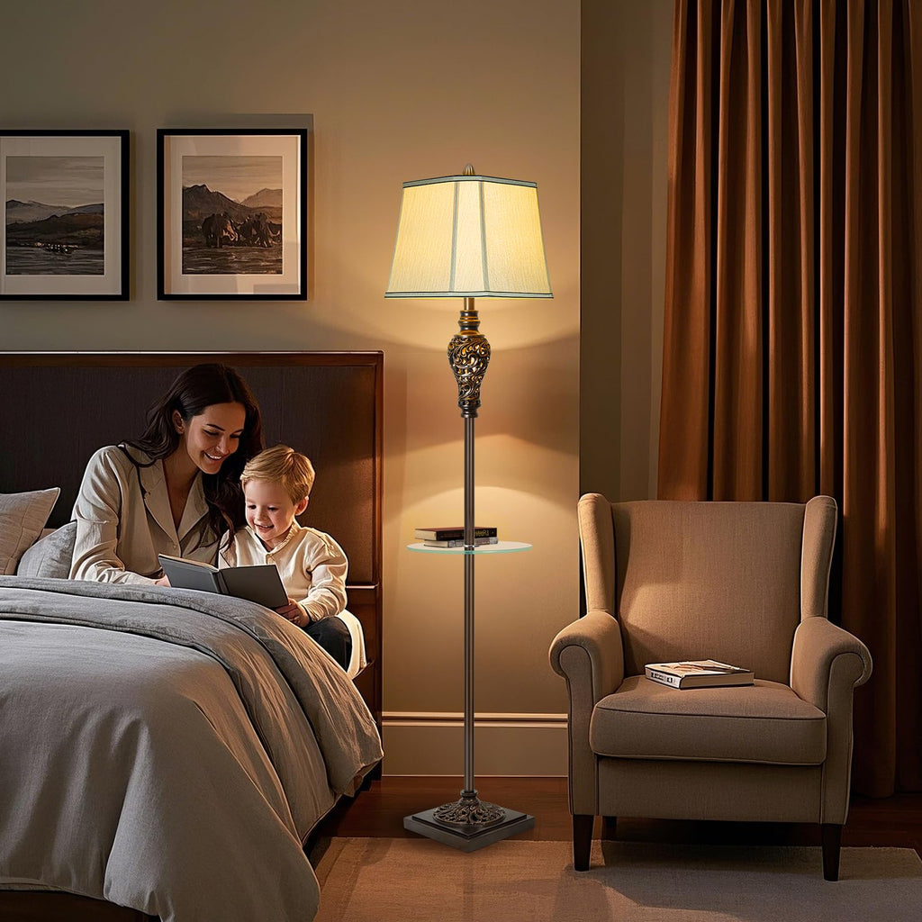 Rustic Floor Lamp with Nightlight and Glass Tray
