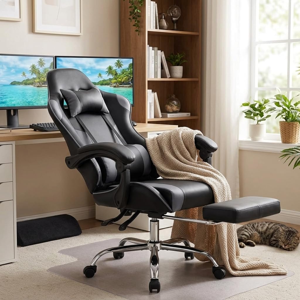 Racing E-Sports Gaming Chair - Ergonomic Grey PU Leather Computer Desk Chair with Footrest, High Back Recliner with