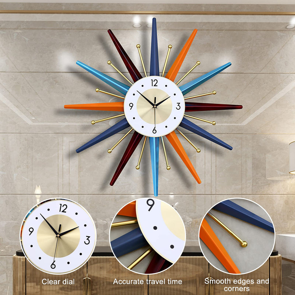 Starburst Large Wall Clock Metal Decorative, Mid Century Wall Clocks