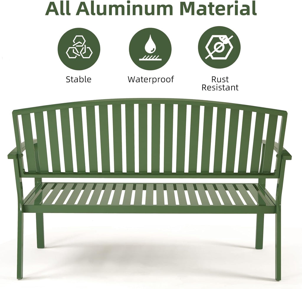 52" Outdoor Aluminum Garden Bench for 2, Weatherproof, Green | waterproof rust-resistant metal bench supports up to