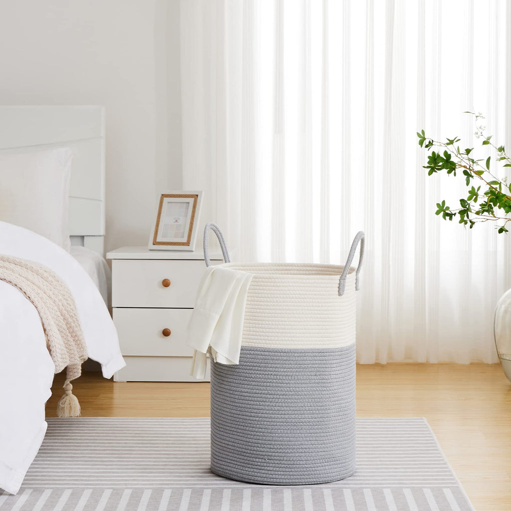 72L Tall Woven Laundry Basket Hamper, Grey White