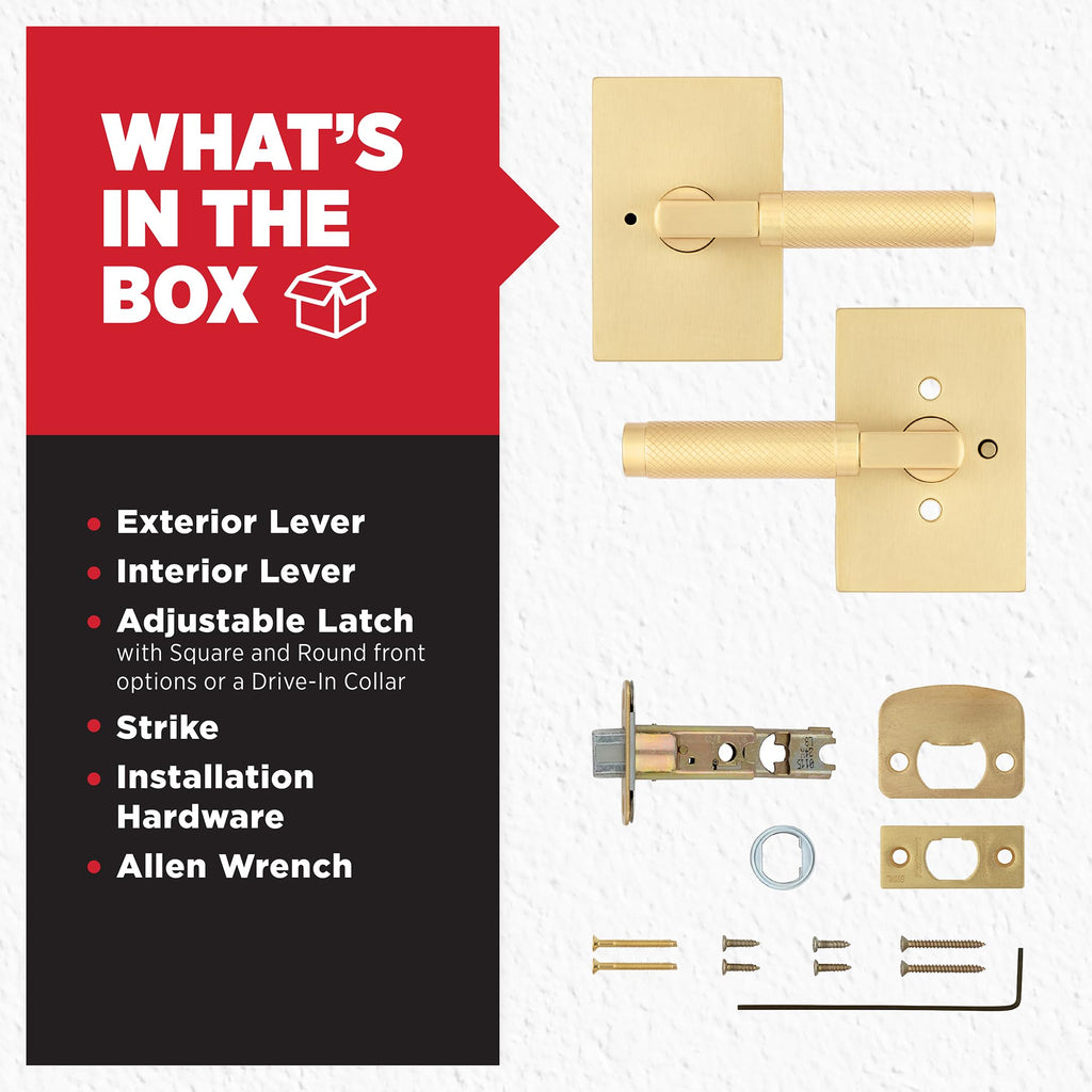Prava Interior Privacy Door Knurled Handle with Lock, Door Lever , Satin Brass, Reversible Keyless Push Button Lock