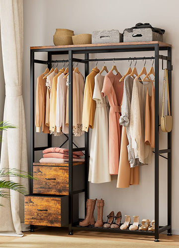 Clothes Rack with 2 Rods, Shelves, Drawers & Hooks, Garment Rack