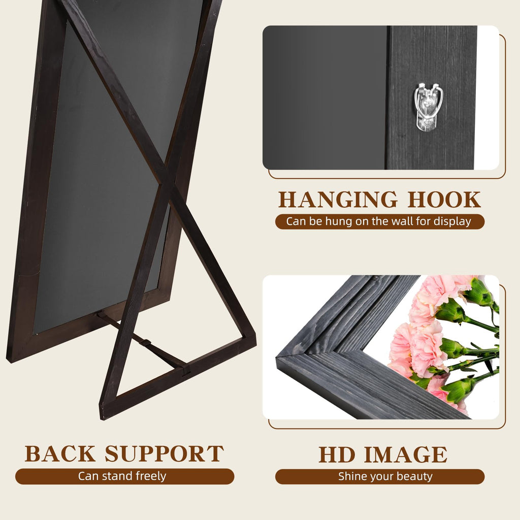 65x22in Full Length Mirror, 3-Tier Stepped Solid Wood Frame, Black
