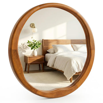 24 Inch Warm Walnut Round Wood Bathroom Mirror, Wavy Inner Edge