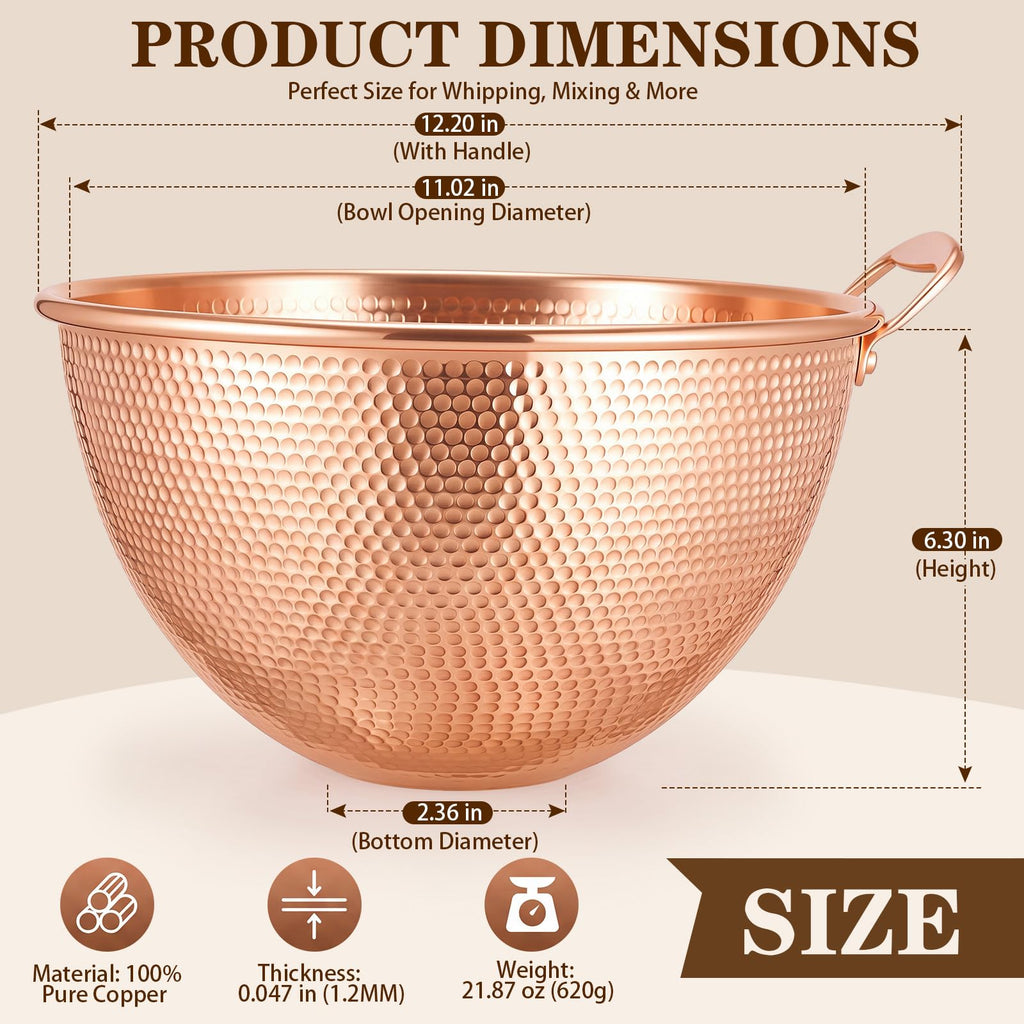 5 Qt Large Hammered Pure Copper Mixing Bowl with Handle