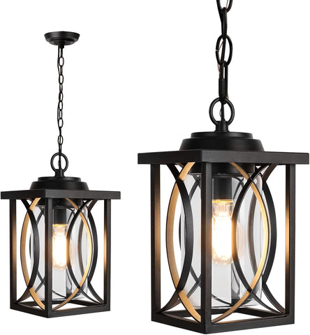Outdoor Pendant Light Fixture, Modern Black Exterior Hanging Lantern Anti-Rust Metal Hanging Lights with Clear Glass