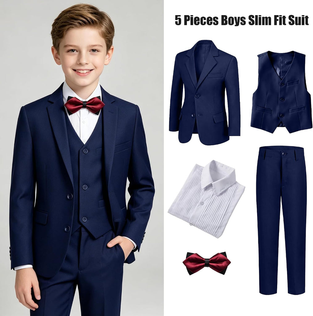 Boy's Formal Suit Set, Slim Fit Suits for Kids, 5 Pieces Boys Tuxedo Set