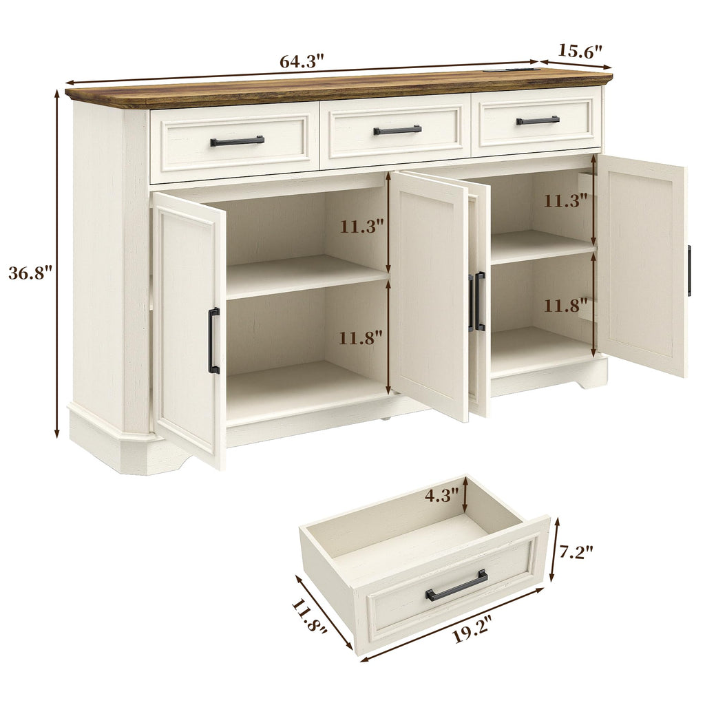 64" Farmhouse Sideboard Buffet Cabinet, Antique White Credenza