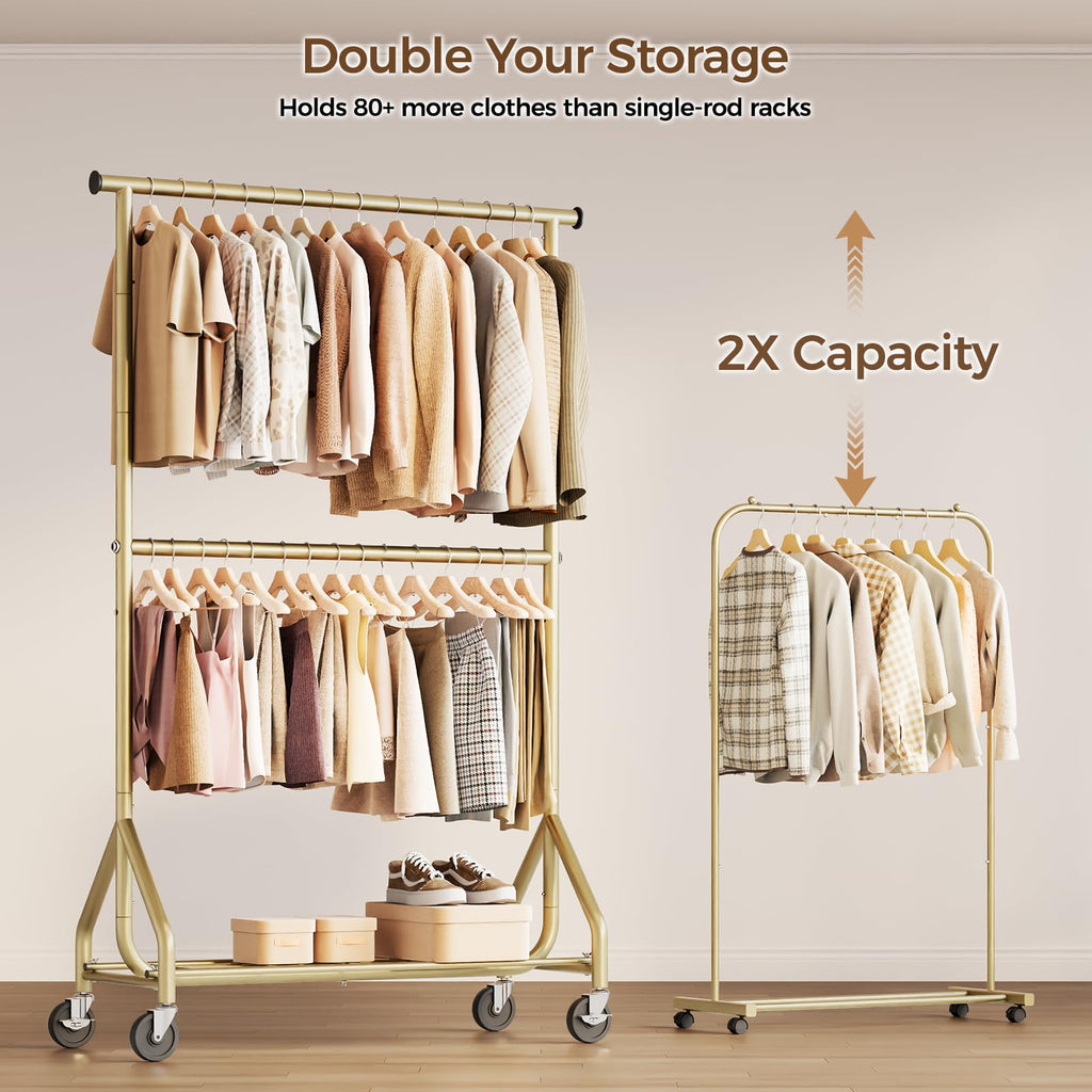 Heavy Duty Clothes Rack, Double Rod Clothing Rack for Hanging Clothes, Rolling Garment Rack, Adjustable Freestanding