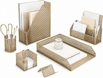 Gold Desk Organizer Set with Mail Sorter, Sticky Note Holder, Pen Cup, Magazine Holder, Letter Tray & Business Card