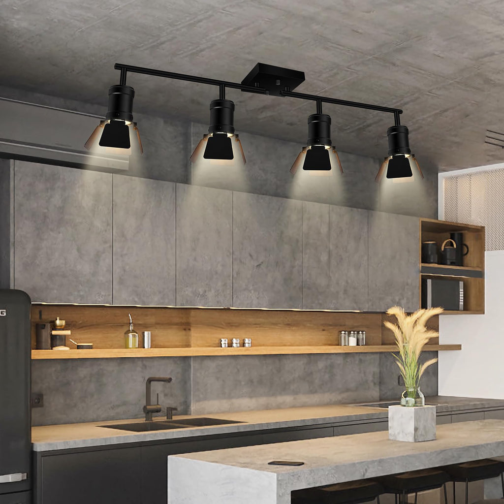 4 Light Track Lighting Fixtures Ceiling, Black Track Lighting with Rotatable Heads, Vintage Industrial Ceiling