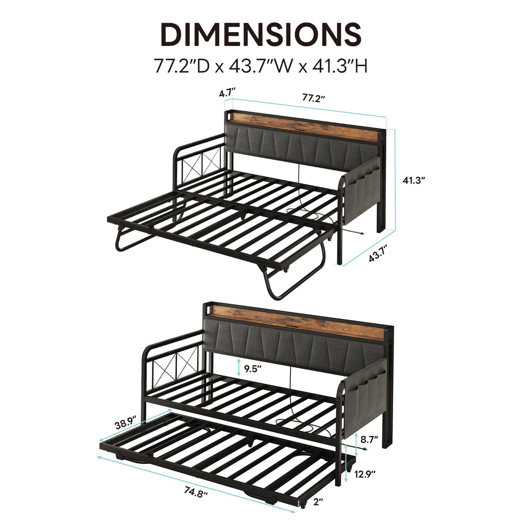 Twin Daybed with Trundle, Twin Bed Frames, Grey/Brown