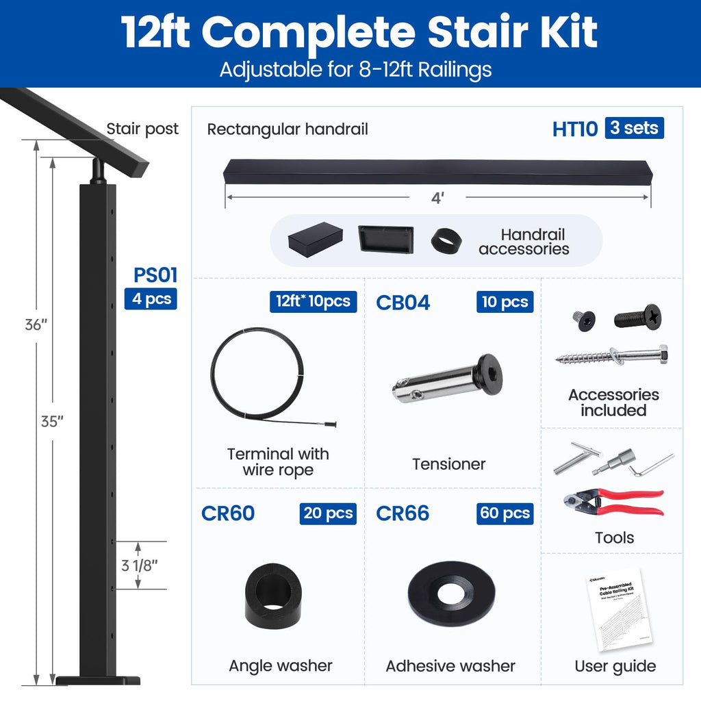 8-12ft Pre-Crimped Complete Cable Railing Kit for Stairs 36in RC09