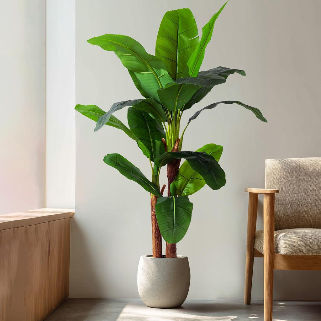 Artificial Banana Tree 6ft, Faux Tropical Palm Tree Plant with Realistic Leaves, Low Maintenance Indoor Outdoor Decor