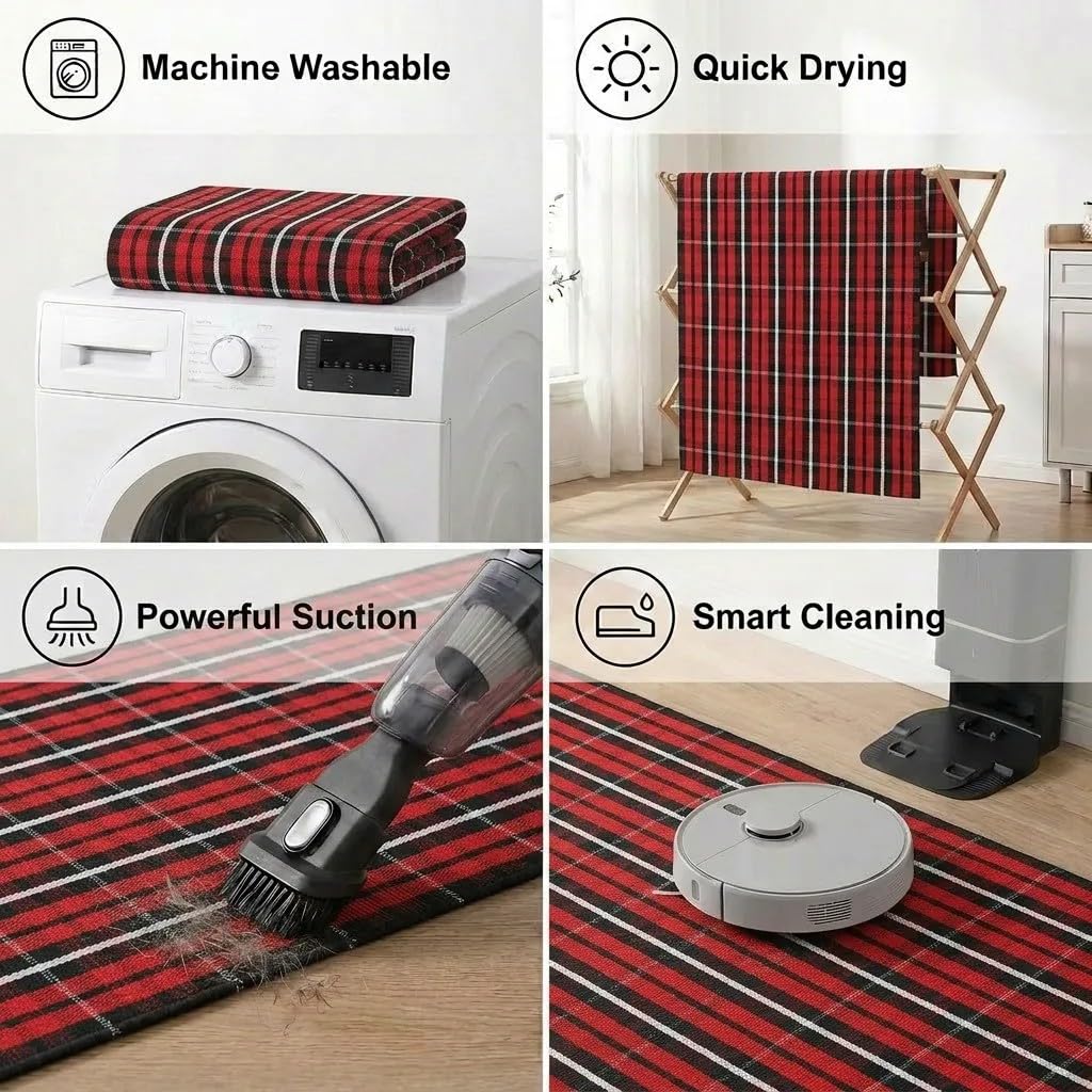 Cotton Buffalo Plaid Rug, 27.5x43 Christmas Red Black White Outdoor Rug Front Door Decorative Mat, Washable Doormat