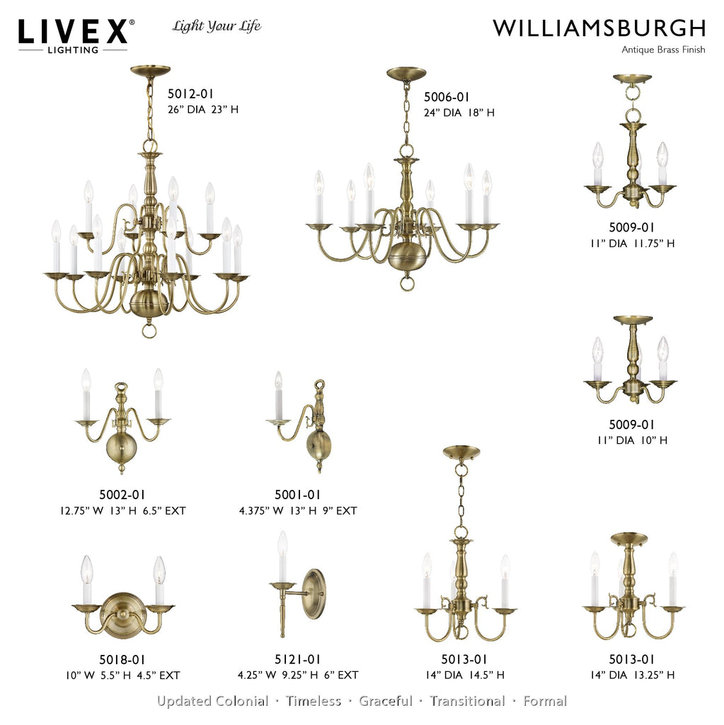 5006-01 Williamsburgh 6-Light Chandelier, Antique Brass