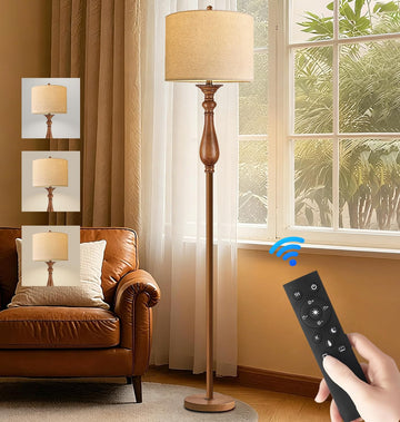 Wood Floor Lamps Farmhouse Boho Floor Lamp with Remote Control & 3 Color Temperature,Dimmable Vintage Floor Lamp Mid
