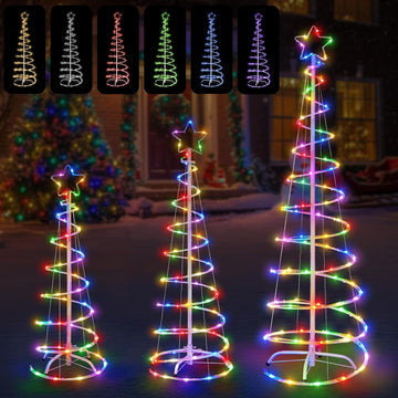3 Packs Christmas Spiral Tree with Lights, 3/4/5 FT Lighted Xmas Collapsible Tree with Metal Stakes for Indoor &