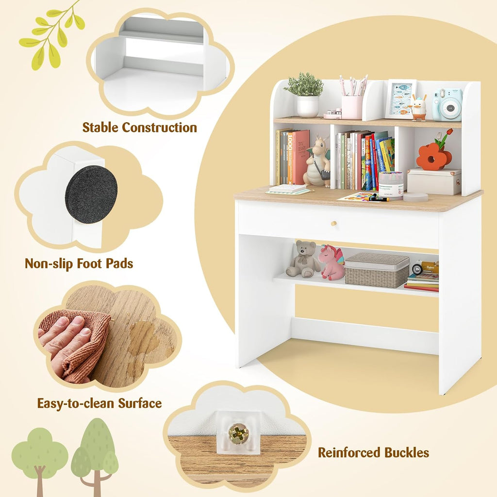 White Kids Desk, Wooden Children School Study Table with Hutch, Pull-Out Drawer, Storage Shelves, Student Writing