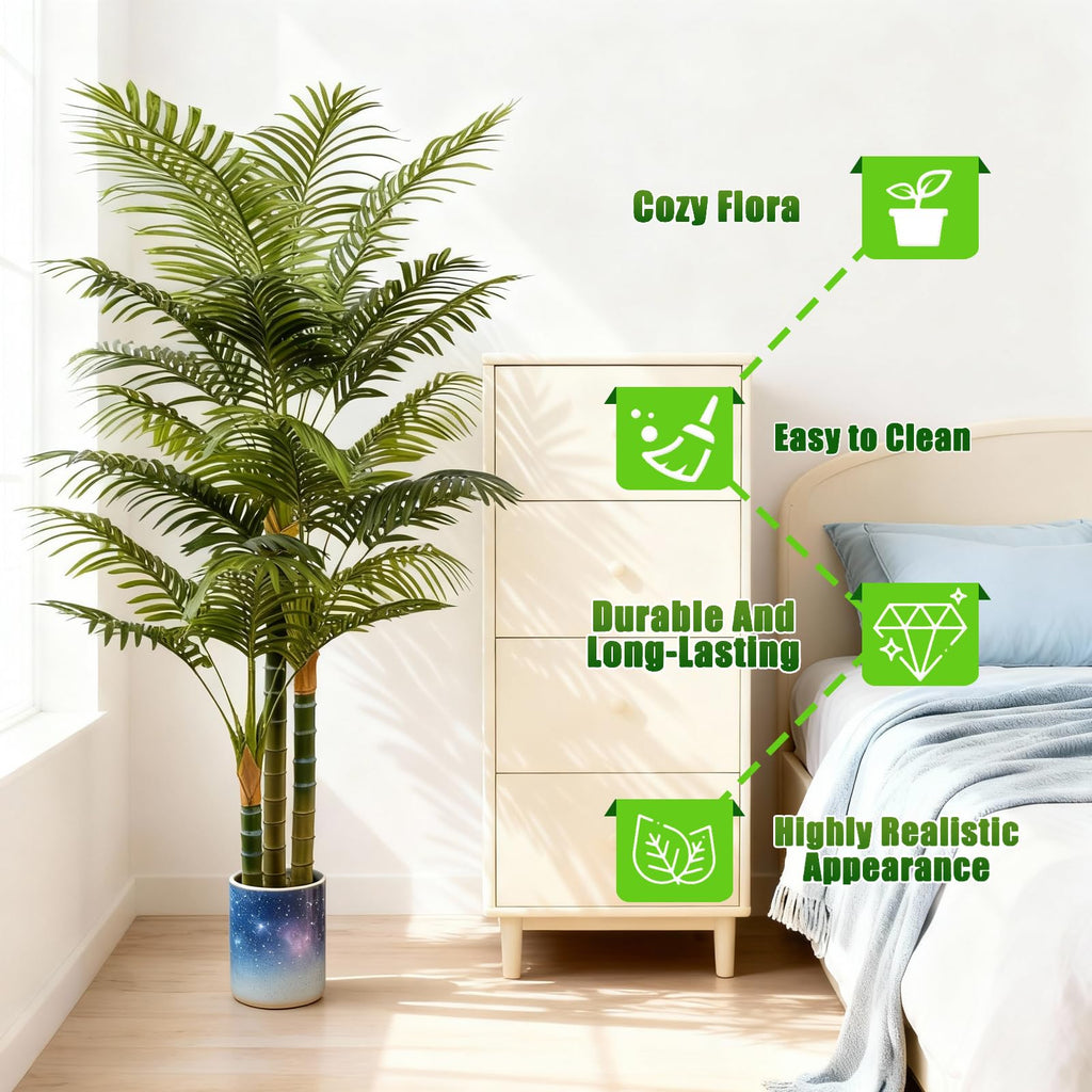 6FT Tall Golden Cane Artificial Palm Tree, Large Faux Palm Tree with 3 Textured Trunks, Outdoor Artificial Plants