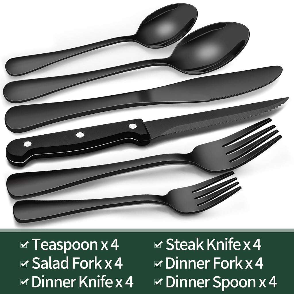 Black Silverware Set with Steak Knives, Black Flatware Set for 4, Food-Grade Stainless Steel Tableware