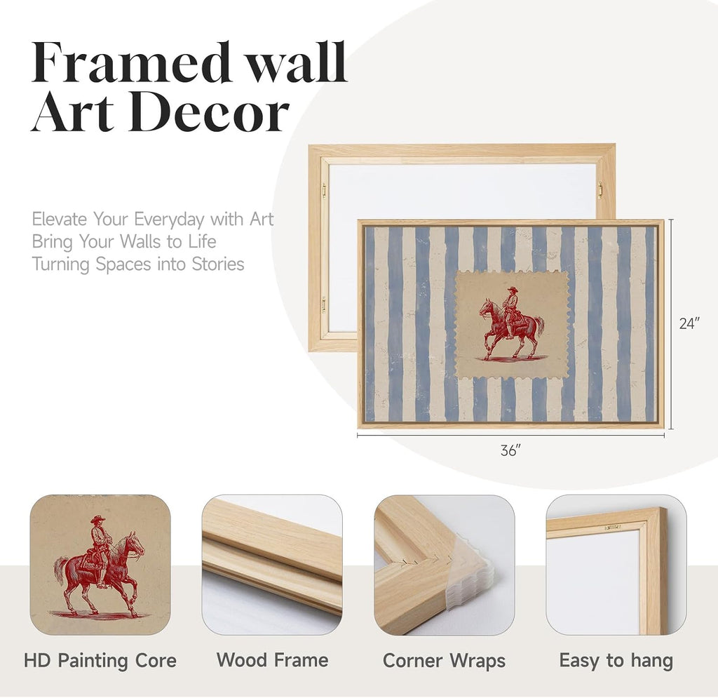 Large Framed Western Cowboy Wall Art , Vintage Farmhouse Horse Canvas Prints Paintings, Blue Striped Country Picture
