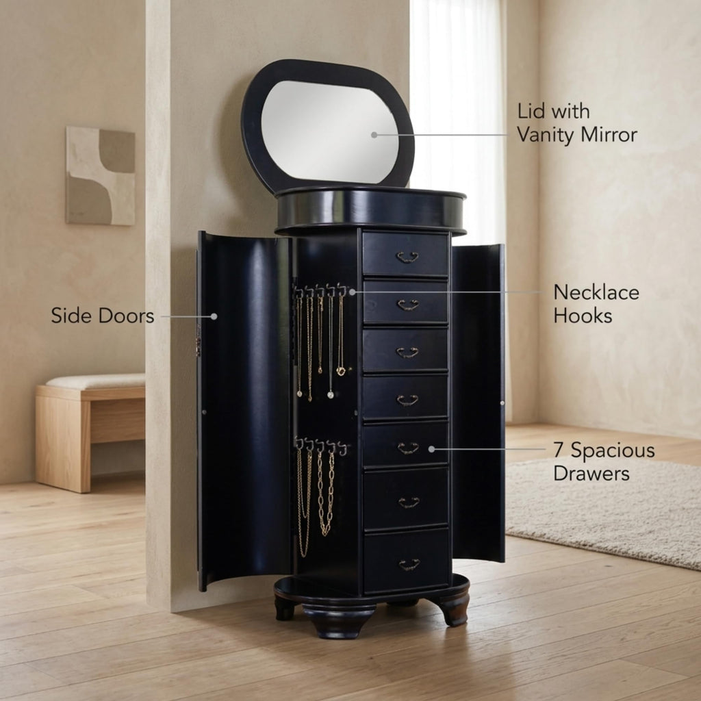 Daley Oval Jewelry Armoire, Stylish Standing Organizer with Mirror, 7 Drawers, 20 Necklace Hooks, Anti-Tarnish