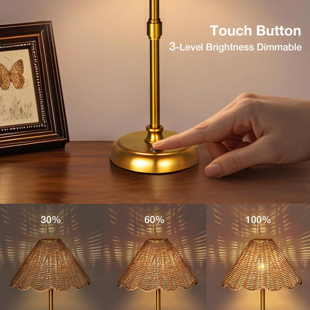 Cordless Boho Rattan Table lamp, 5200-mAh Rechargeable Battery, 3-level Brightness Dimmable, Build-in Integrated LED