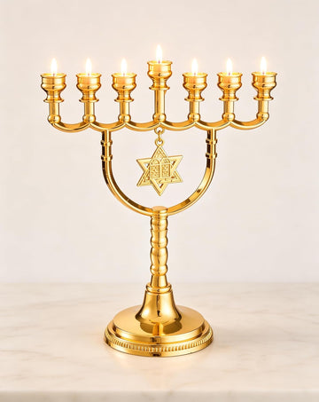 Gold 7 Branch Hanukkah Menorahs Candle Holder with Traditional Star
